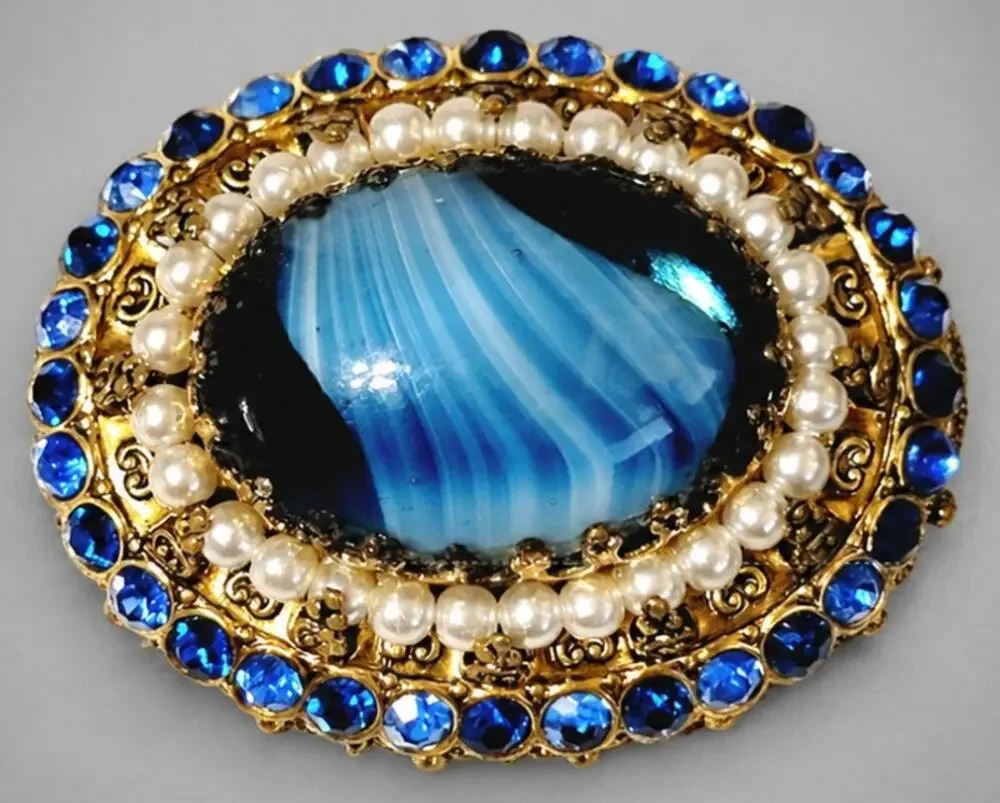 Stunning Blue Slag Glass Brooch Pin Rhinestones 2